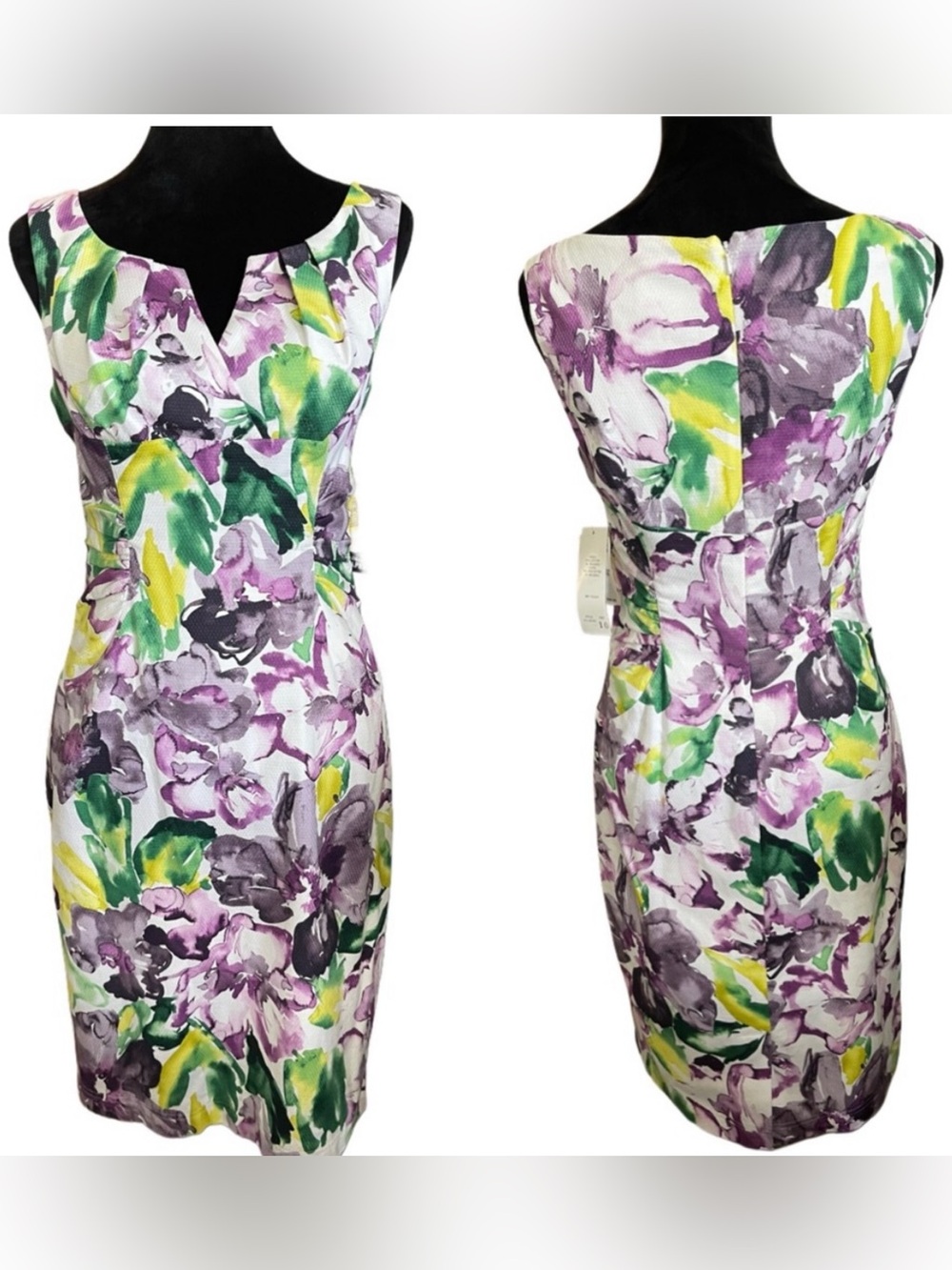 Adrianna Papell Side Ruched Dress Floral Midi Dress Purple & Green Size 10 NWT